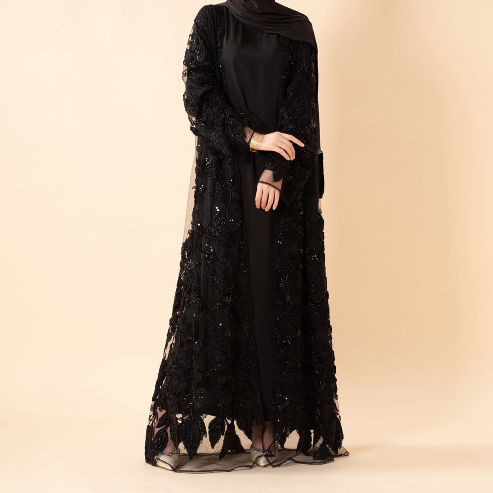 Draped sleeve detail on luxury 3D floral embellished open abaya