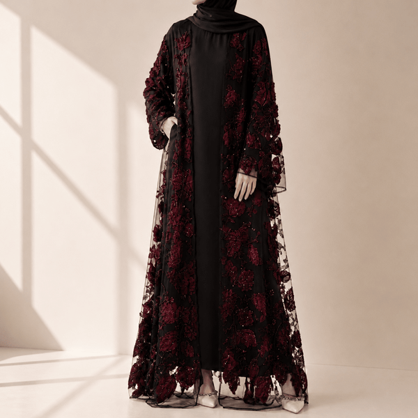 Luxury 3D Floral Embellished Open Abaya – Couture Bridal Abaya