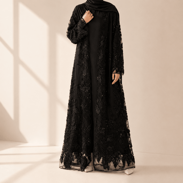 Front view of couture bridal abaya with sculpted 3D floral embroidery