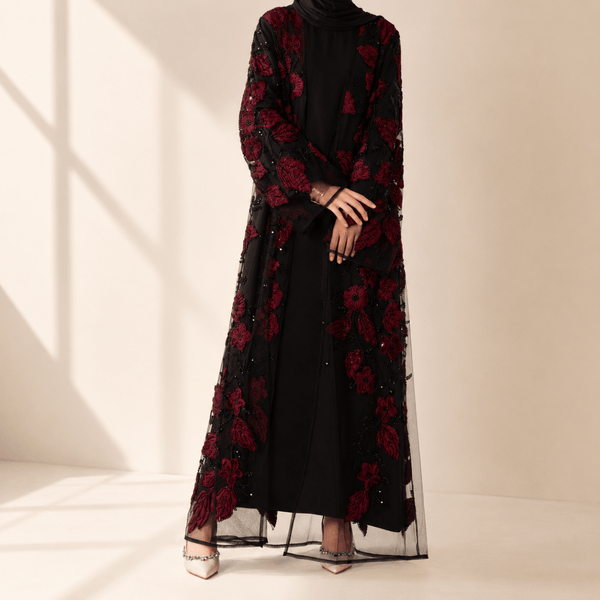 Luxury 3D Floral Embellished Open Abaya – Couture Bridal Abaya