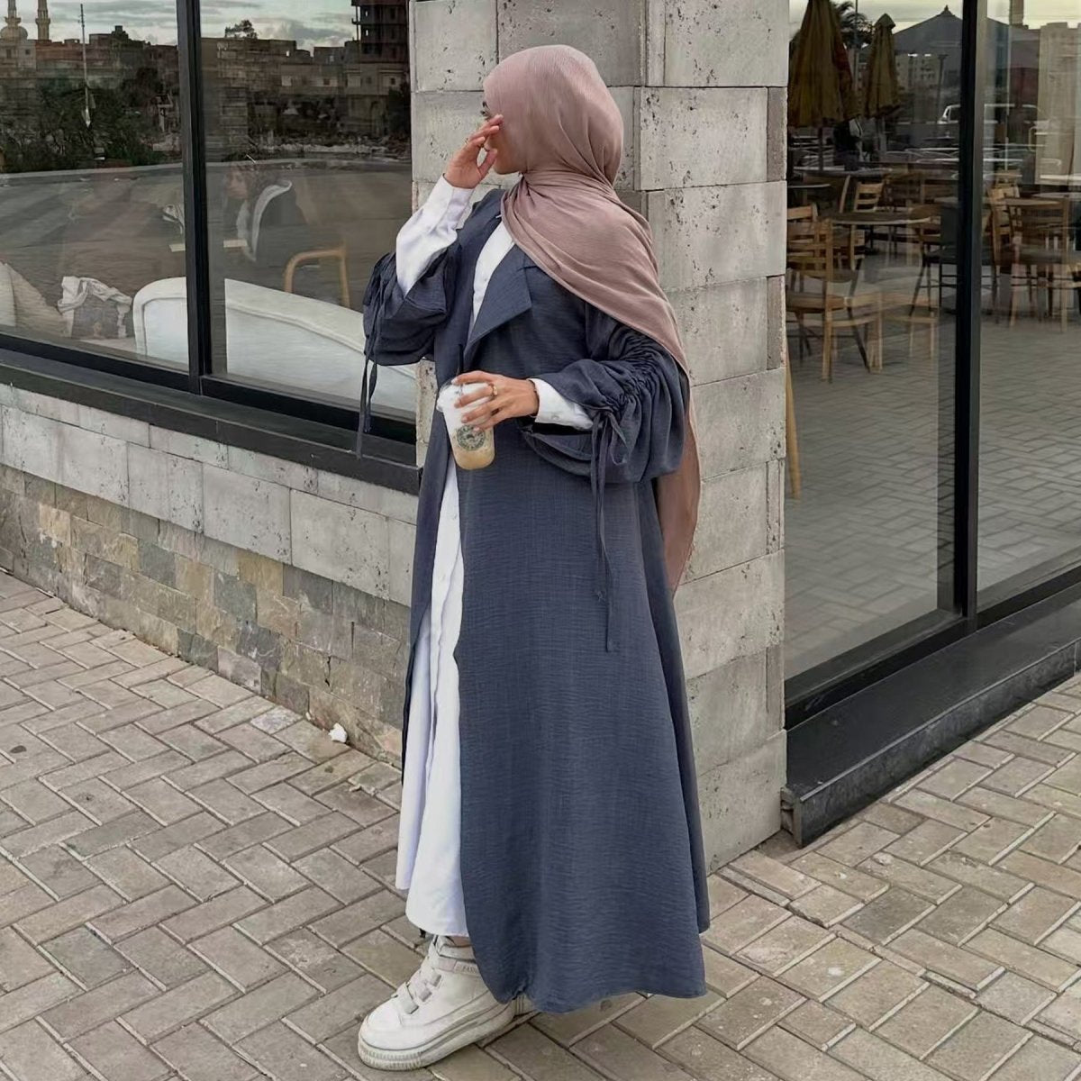 Tailored Blazer Cardigan with Ruched Sleeves | Open - Front Twill Blend Jacket(MOA246) - Mariam's Collection