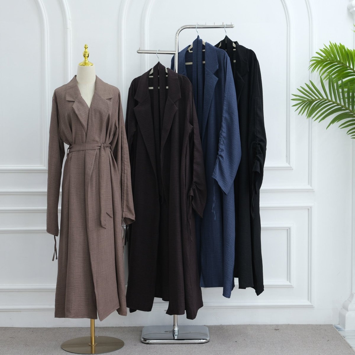 Tailored Blazer Cardigan with Ruched Sleeves | Open - Front Twill Blend Jacket(MOA246) - Mariam's Collection