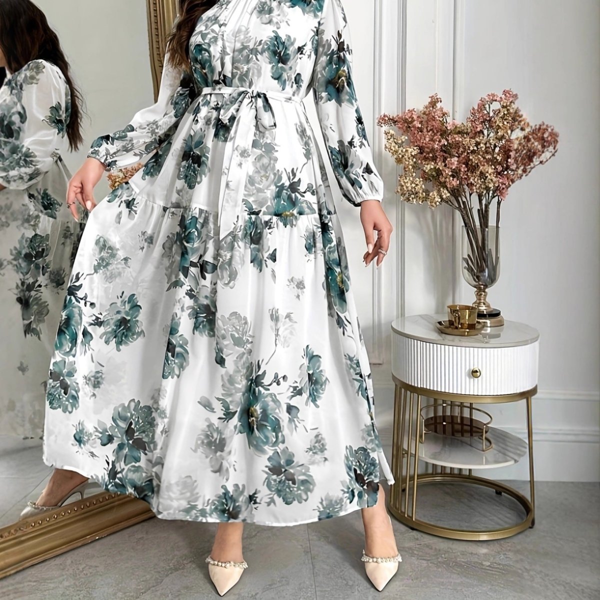 Teal Botanical Print Tiered Maxi Dress — Modest Summer Floral Dress