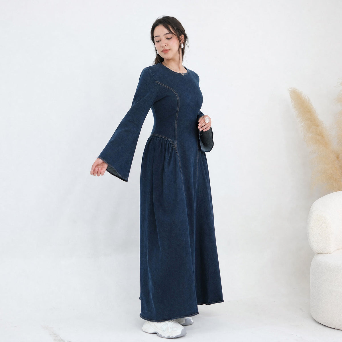 Tencel Denim Round-Neck Flared Maxi Dress(MS563) - Mariam's Collection