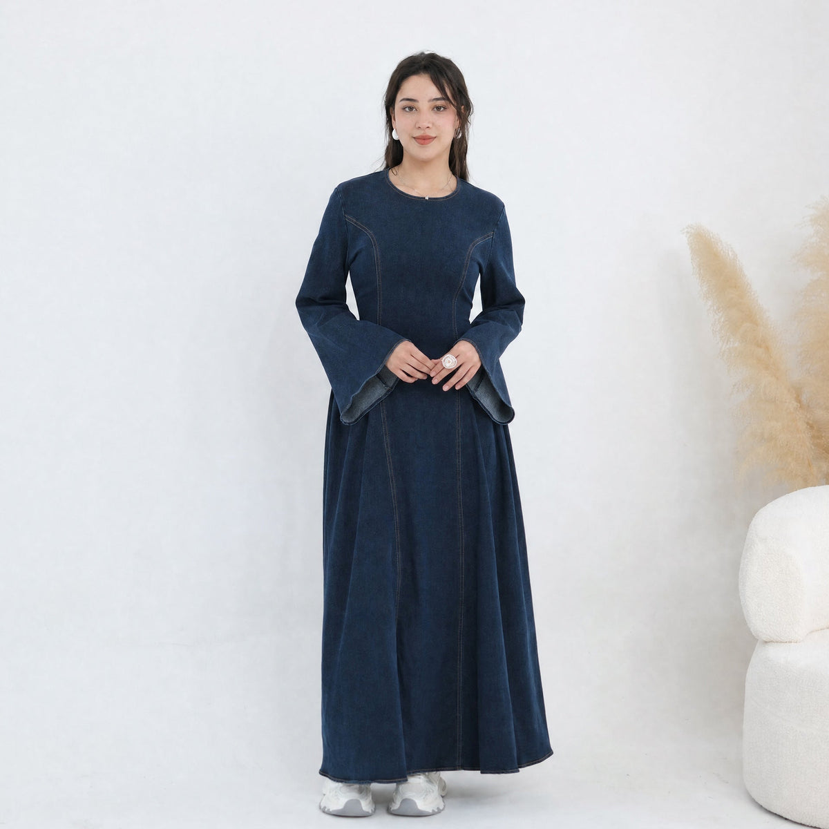 Tencel Denim Round-Neck Flared Maxi Dress(MS563) - Mariam's Collection