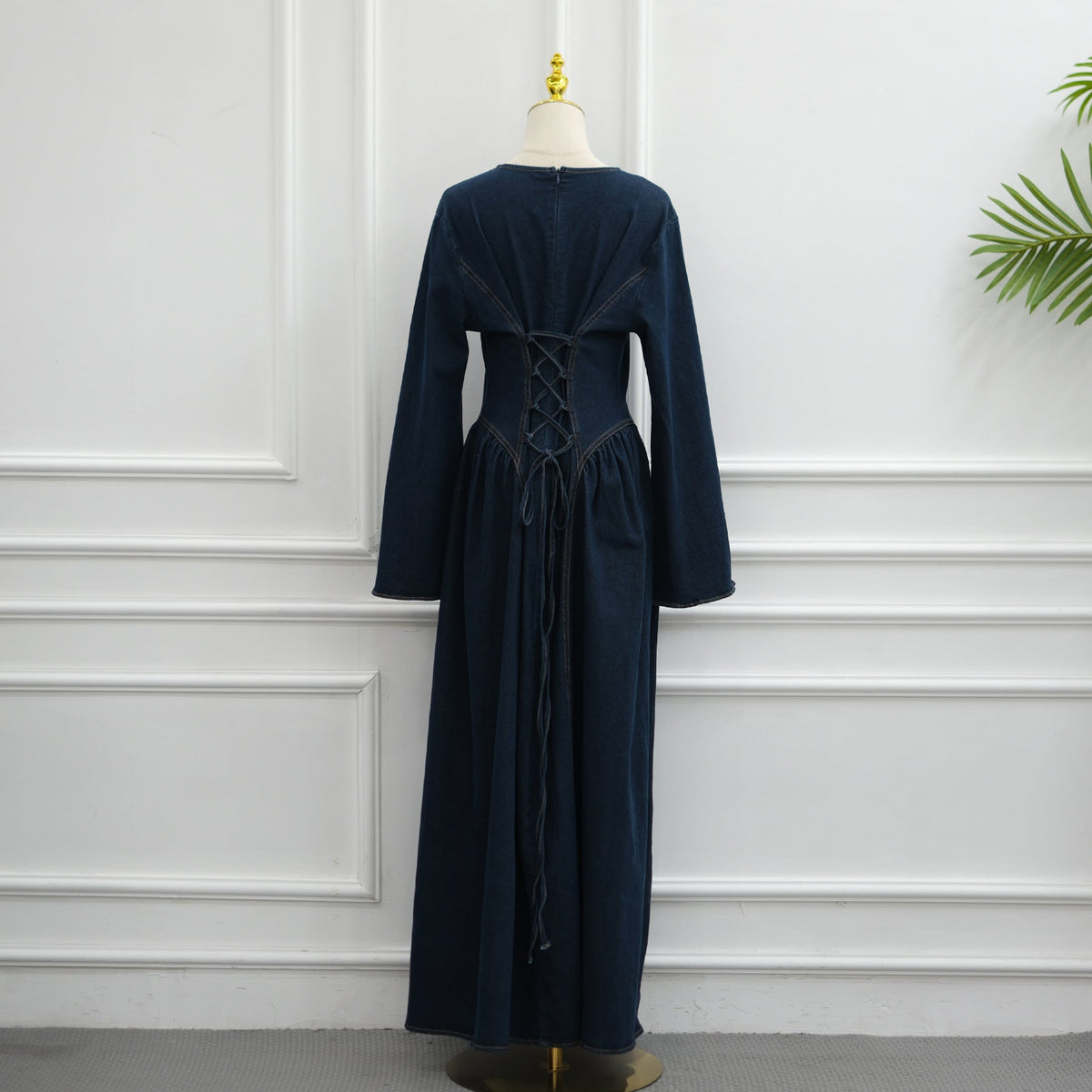 Tencel Denim Round-Neck Flared Maxi Dress(MS563) - Mariam's Collection