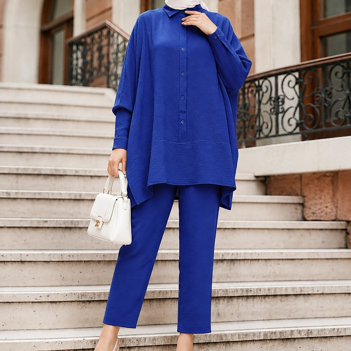 Full-length front view of the modest two-piece co-ord set in tonal colourway