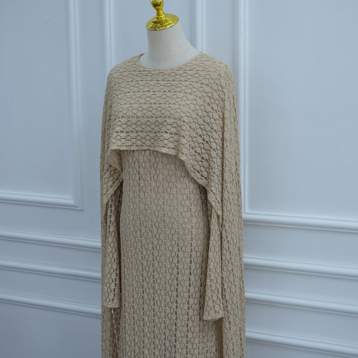 Evening event styling of the floral lace cape-sleeve maxi dress