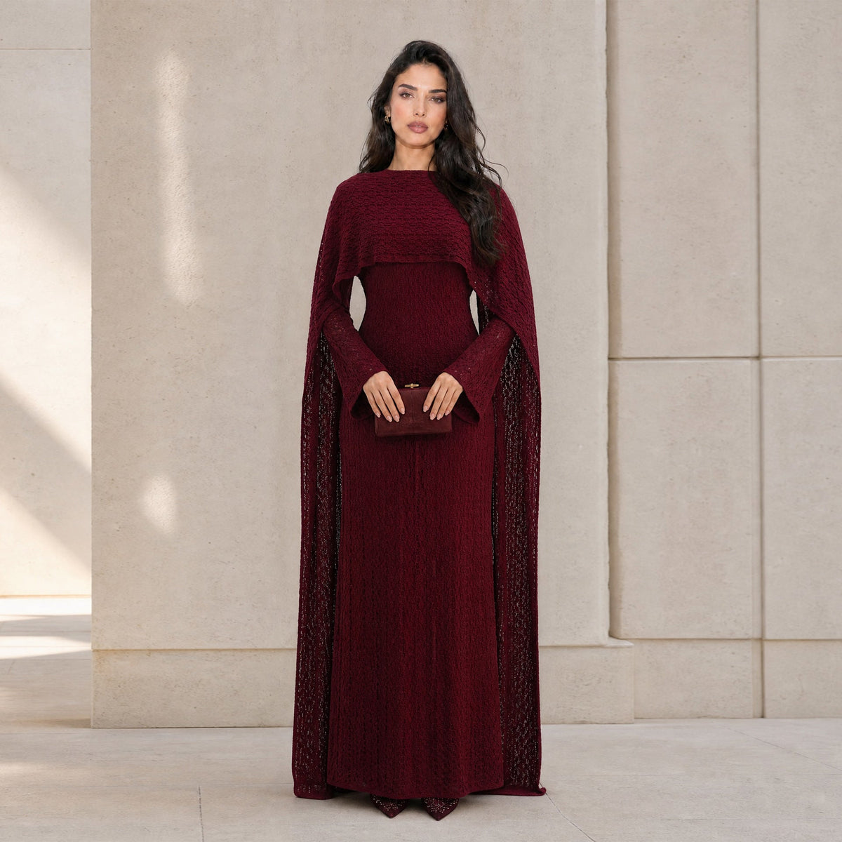 Modest occasion dress in textured floral lace — full front view