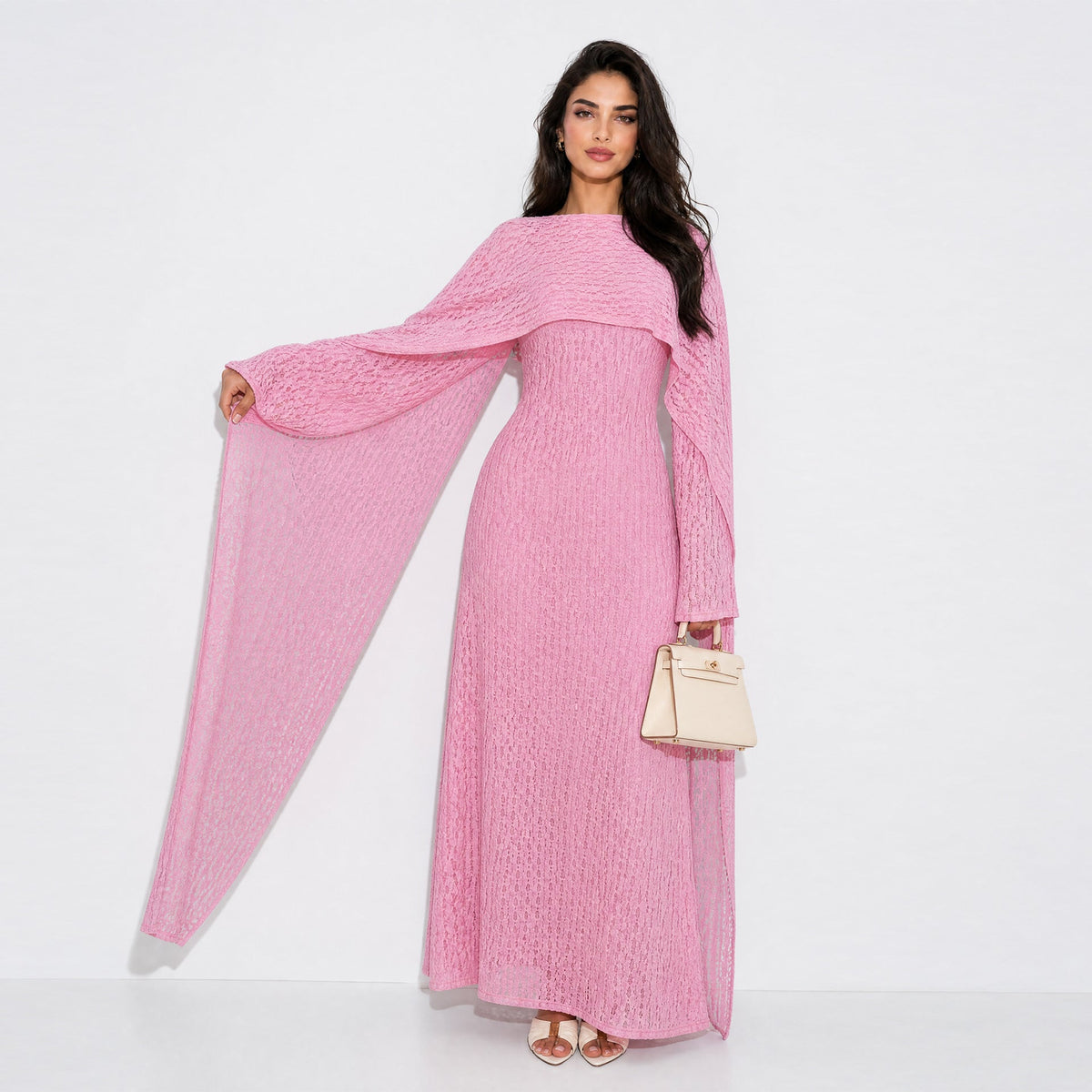 Front view of 3D bubble floral lace maxi dress with cape sleeves