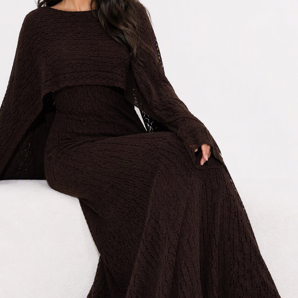 Floor-trailing hem of fully lined floral lace maxi dress