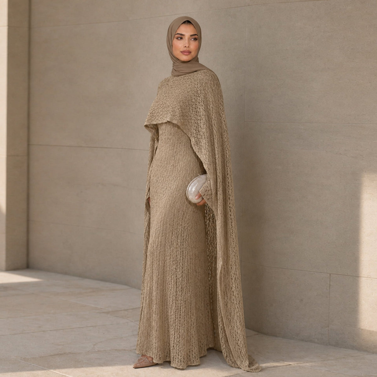 Cape sleeve modest dress styled for Eid and Nikkah occasions