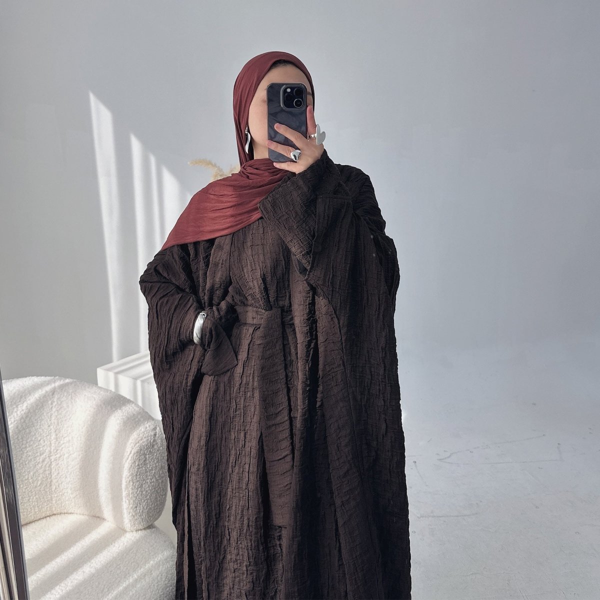 Textured Jacquard Abaya with Batwing Cardigan & Belt(MOA281) - Mariam's Collection