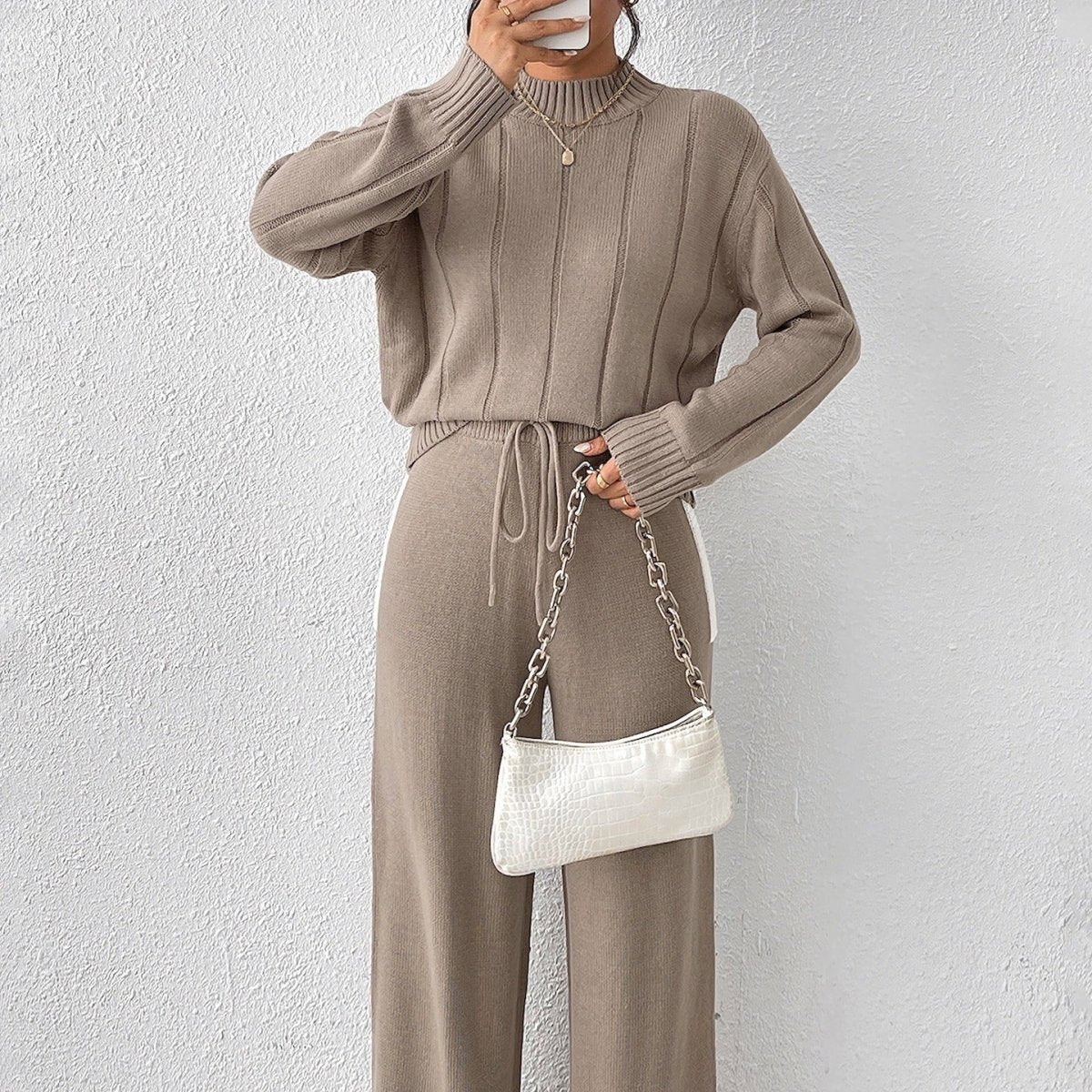 Textured Knit Sweater & Wide-Leg Trouser Set(MS448) - Mariam's Collection