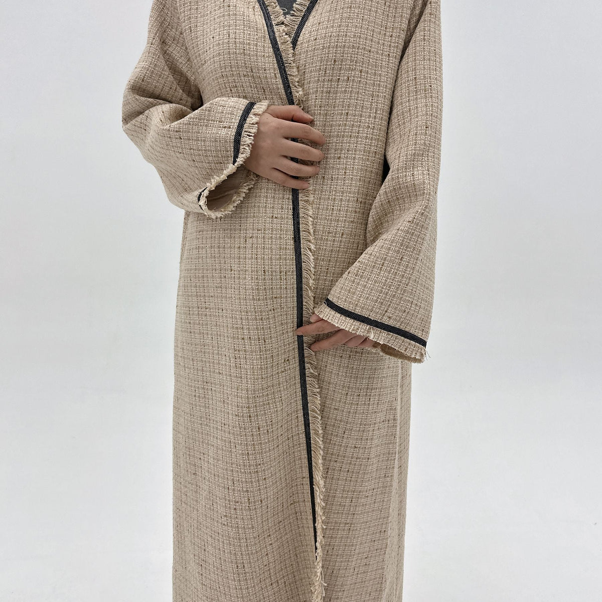 Textured Longline Open Abaya | Fringe-Trim Autumn Layer(MOA355) - Mariam's Collection