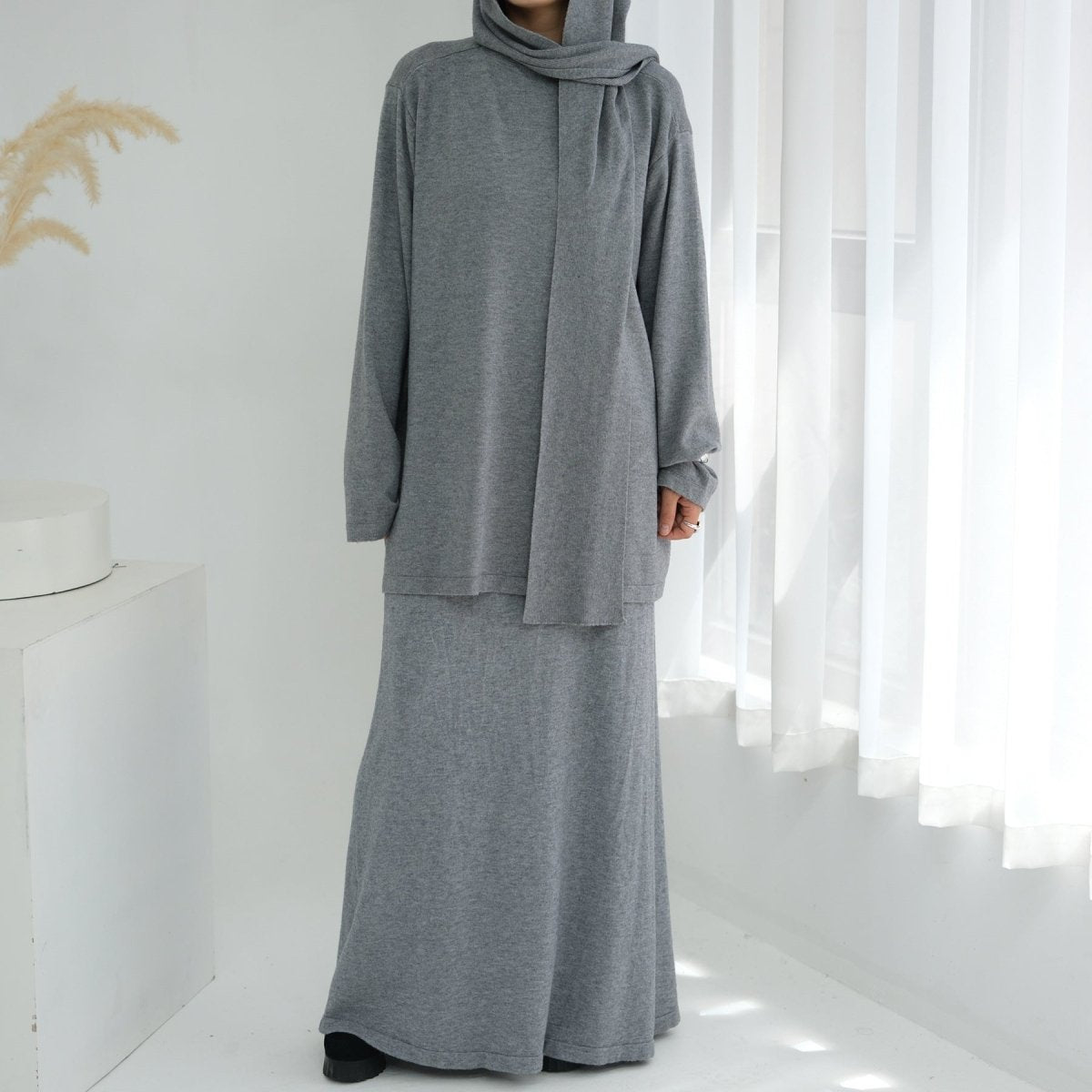 Thick Knit Hooded Sweatshirt & Skirt Set(MS176) - Mariam's Collection