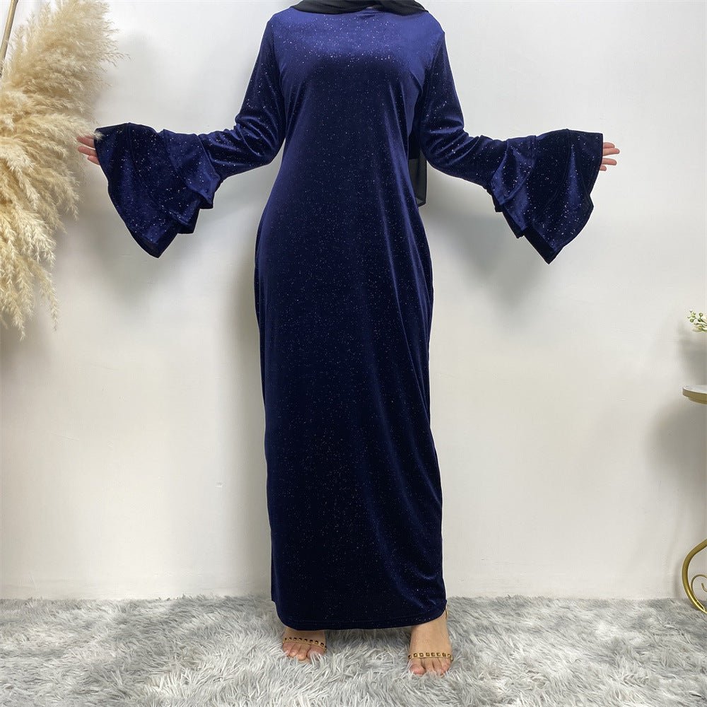 Thick Velvet Abaya With Flared Sleeves And Glitter Detailing 