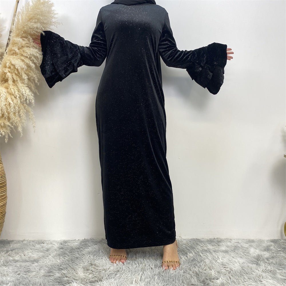 Thickened Velvet Flared Sleeve Glitter Abaya (MA111) - Mariam's Collection