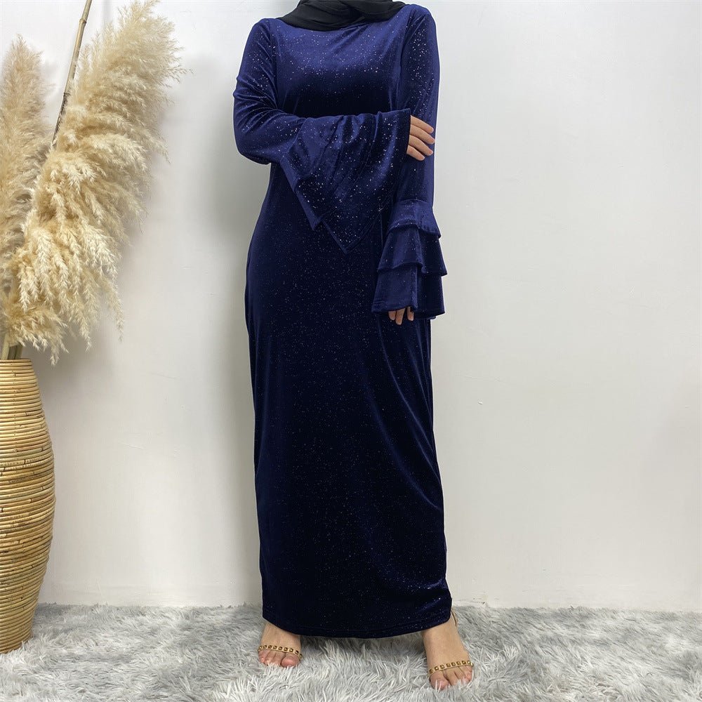 Thickened Velvet Flared Sleeve Glitter Abaya (MA111) - Mariam's Collection