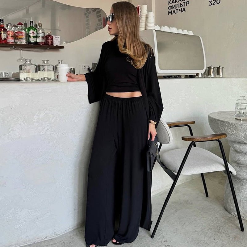 Three - Piece Cape Cardigan Set | Crop Top & Wide - Leg Pants Outfit(MS258) - Mariam's Collection