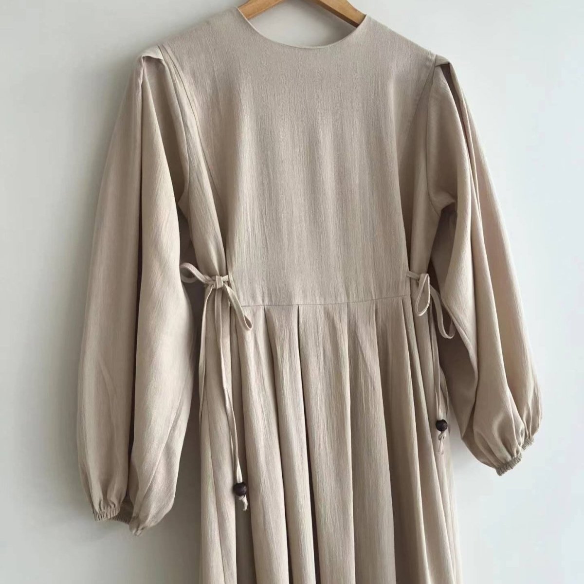 Tie - Waist Bubble Sleeve Abaya | Pleated Maxi Dress with Back Zip(MA364) - Mariam's Collection