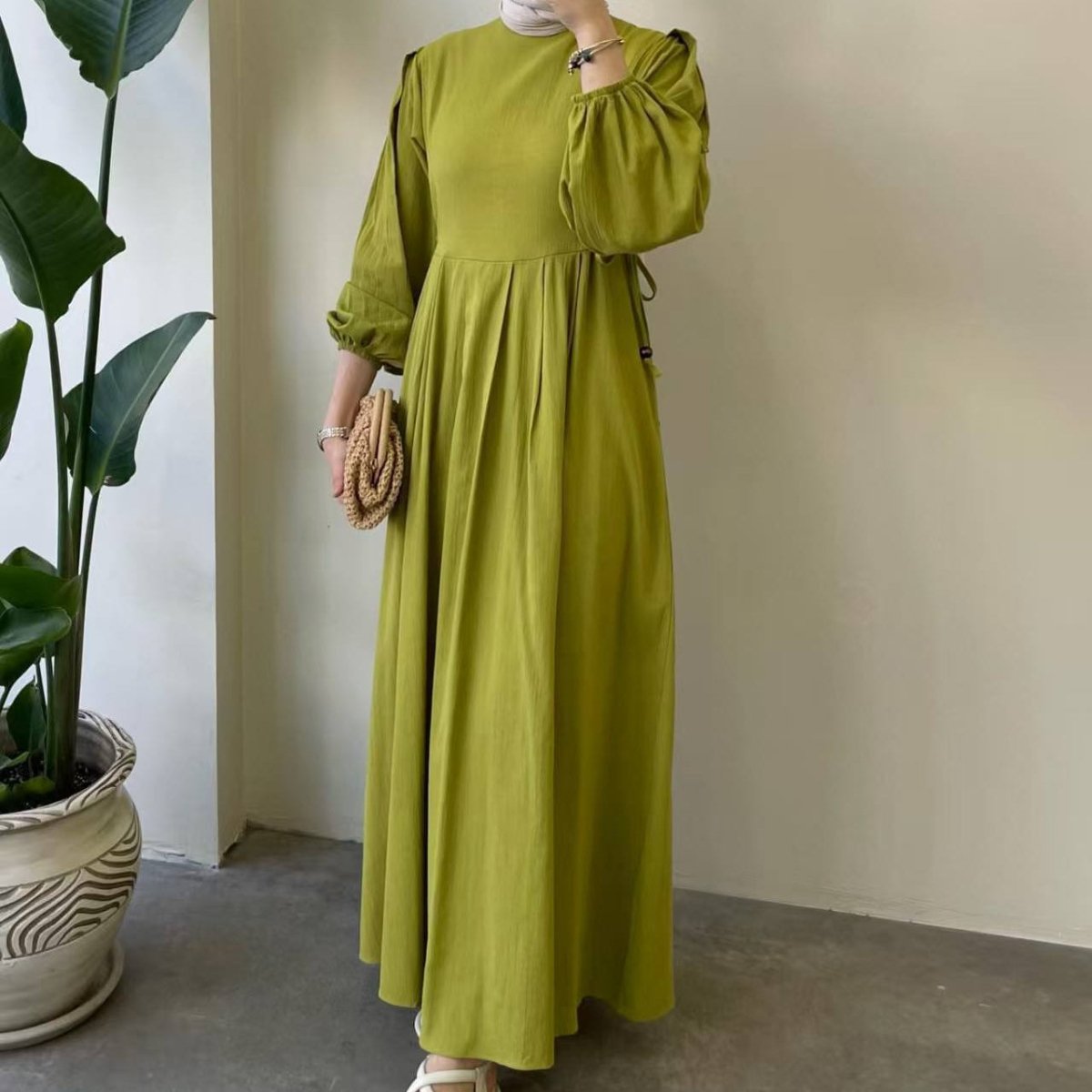 Tie - Waist Bubble Sleeve Abaya | Pleated Maxi Dress with Back Zip(MA364) - Mariam's Collection