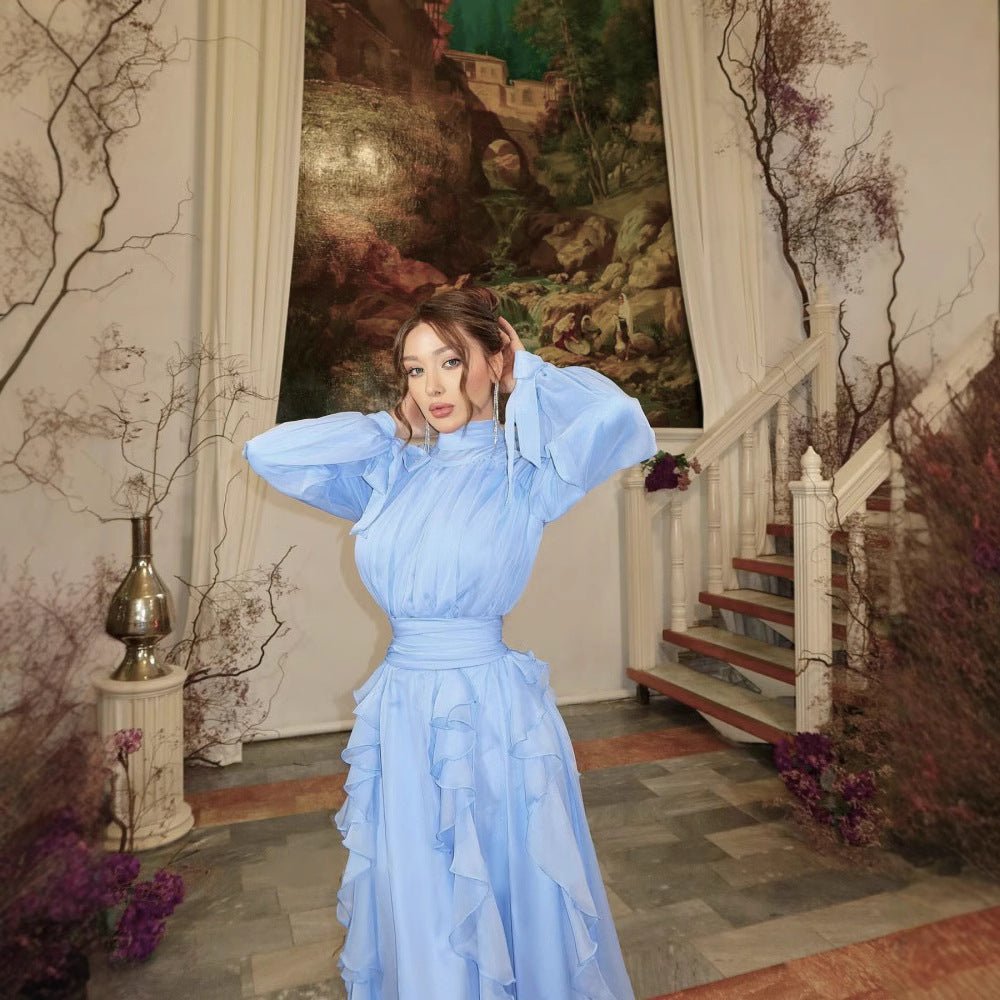 Tiered Ruffle Chiffon Evening Gown | High Neck Bow Sleeve Maxi Dress(MA349) - Mariam's Collection