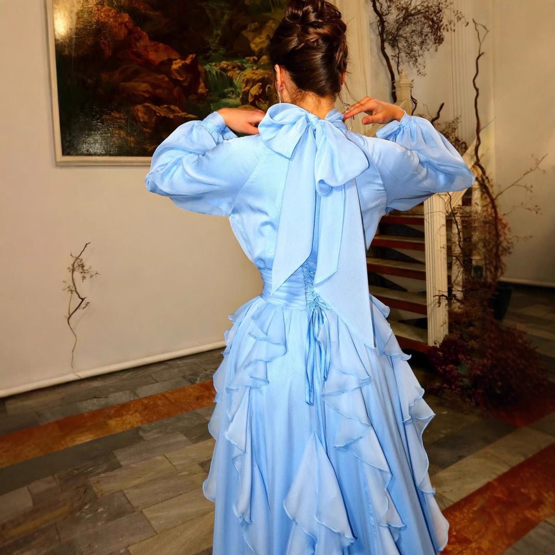 Tiered Ruffle Chiffon Evening Gown | High Neck Bow Sleeve Maxi Dress(MA349) - Mariam's Collection