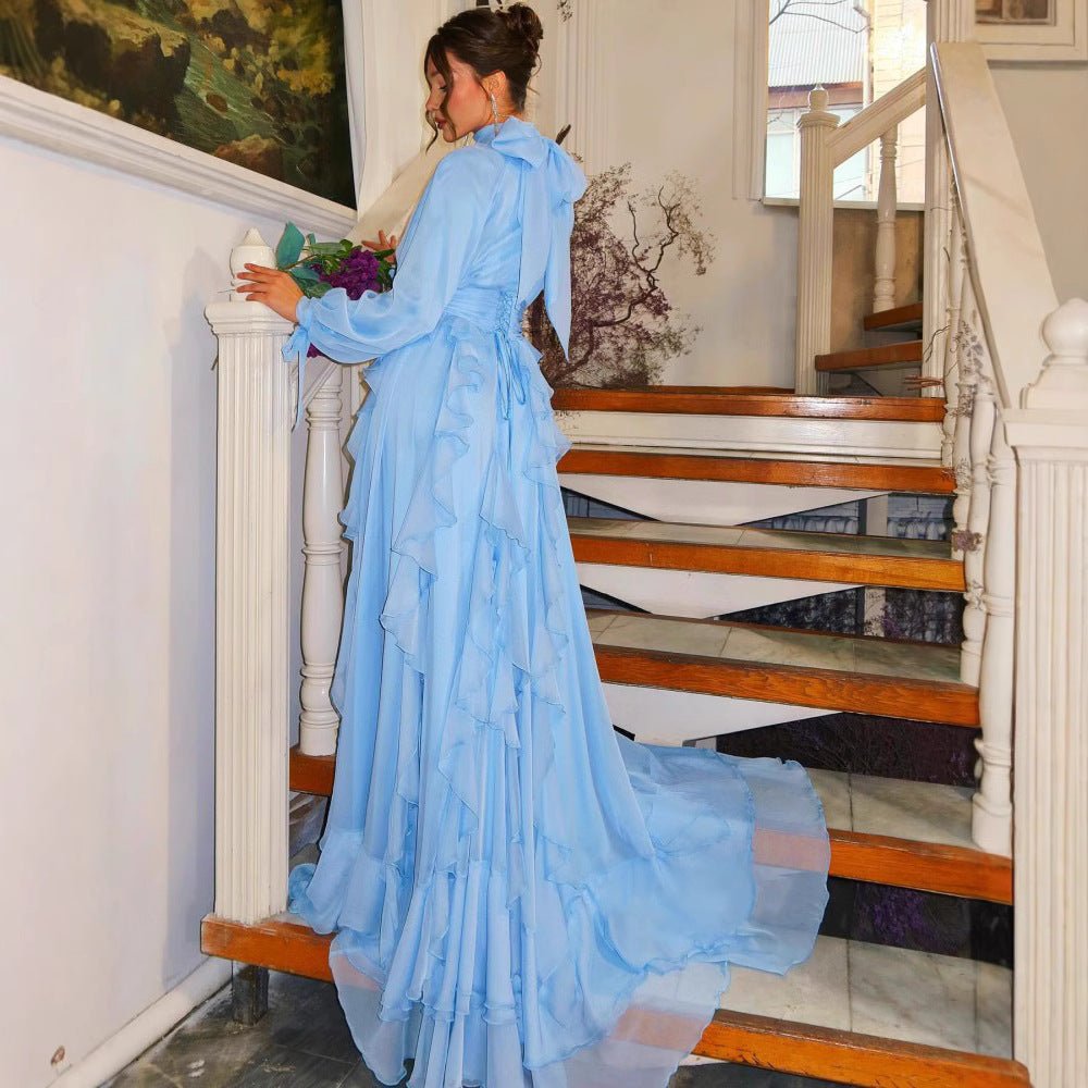 Tiered Ruffle Chiffon Evening Gown | High Neck Bow Sleeve Maxi Dress(MA349) - Mariam's Collection