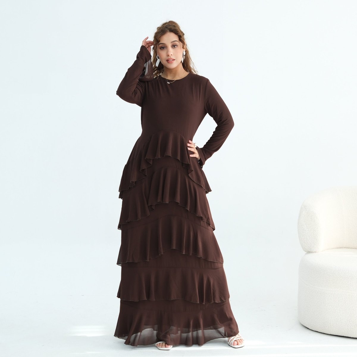 Tiered Ruffle Maxi Dress with Ruffle Cuffs(MS337) - Mariam's Collection