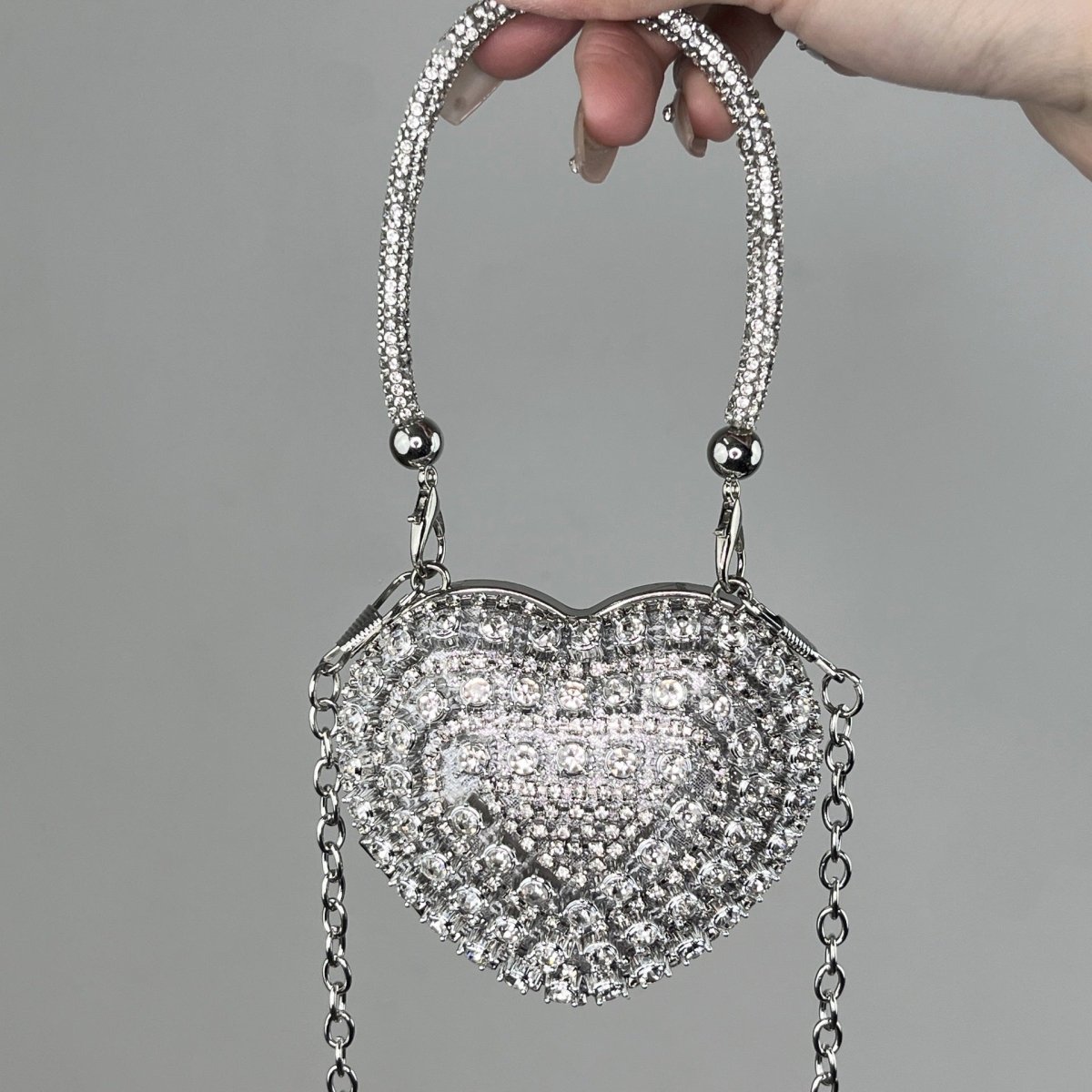 Trendy Mini Heart Chain Clutch Bag with Rhinestones – Elegant Evening Crossbody Purse for Women（MAC240） - Mariam's Collection