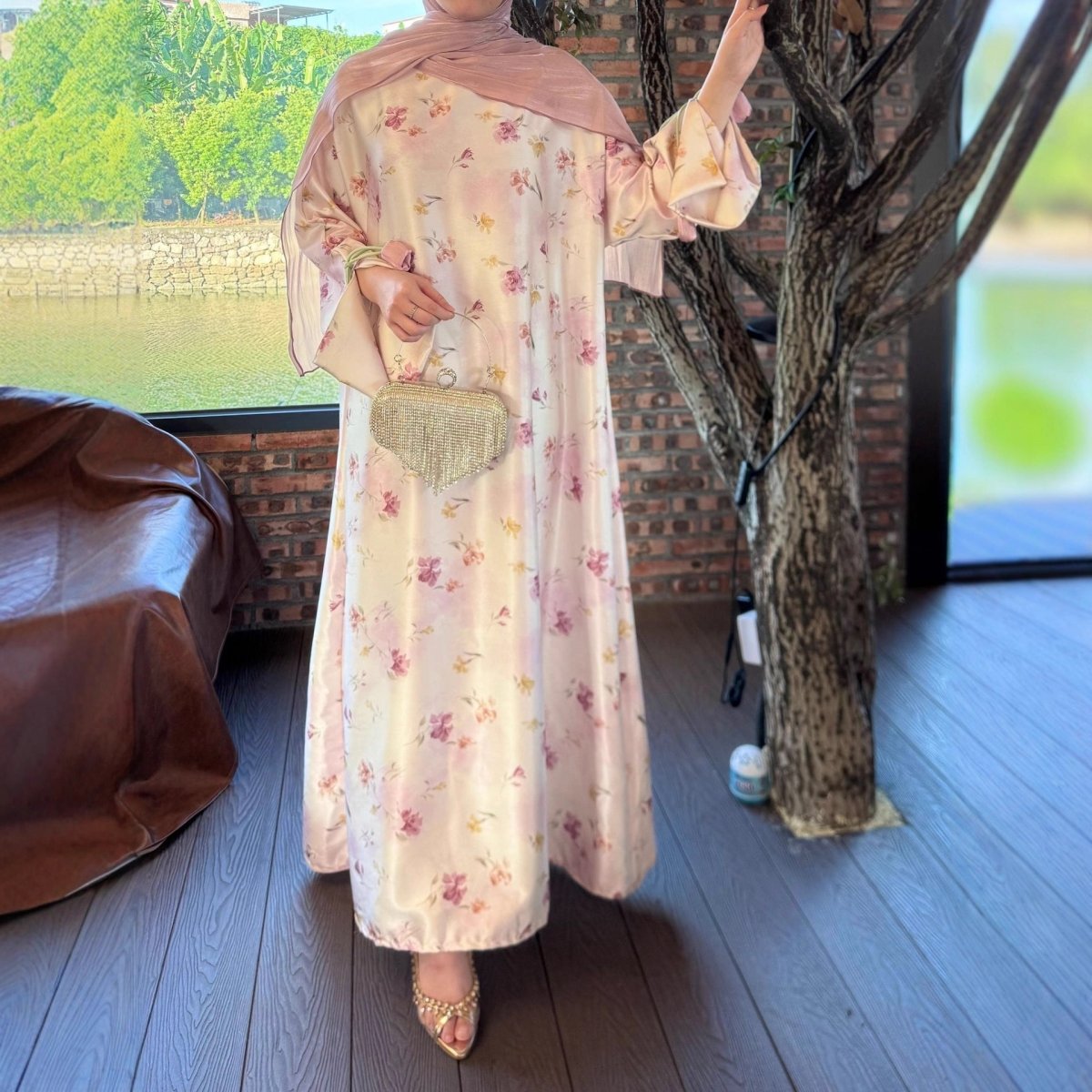 Tulip Print Kaftan Abaya with Ribbon Ties | Pullover Gown(MA376) - Mariam's Collection