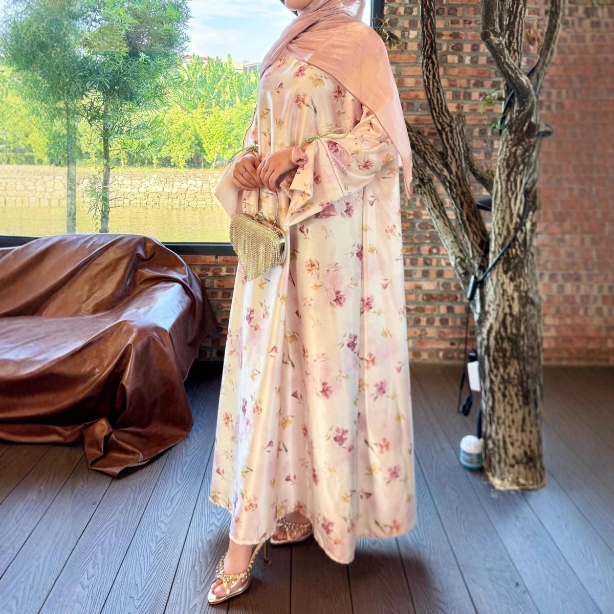 Tulip Print Kaftan Abaya with Ribbon Ties | Pullover Gown(MA376) - Mariam's Collection