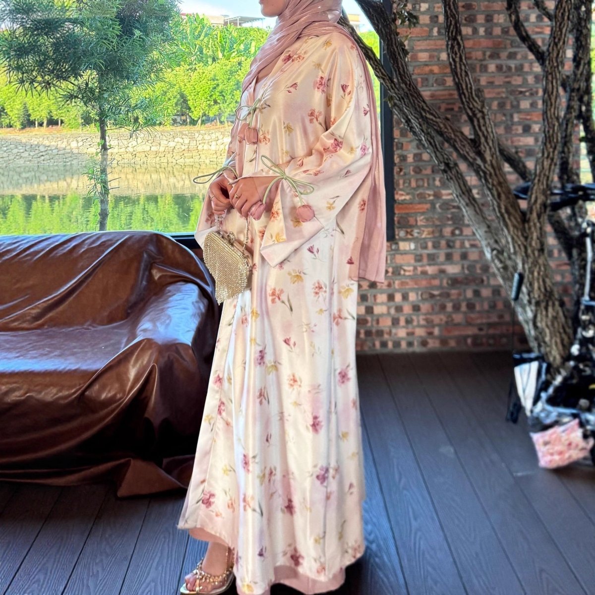 Tulip Print Satin Abaya Set with Jacket | Two - Piece Kimono Outfit(MOA270) - Mariam's Collection