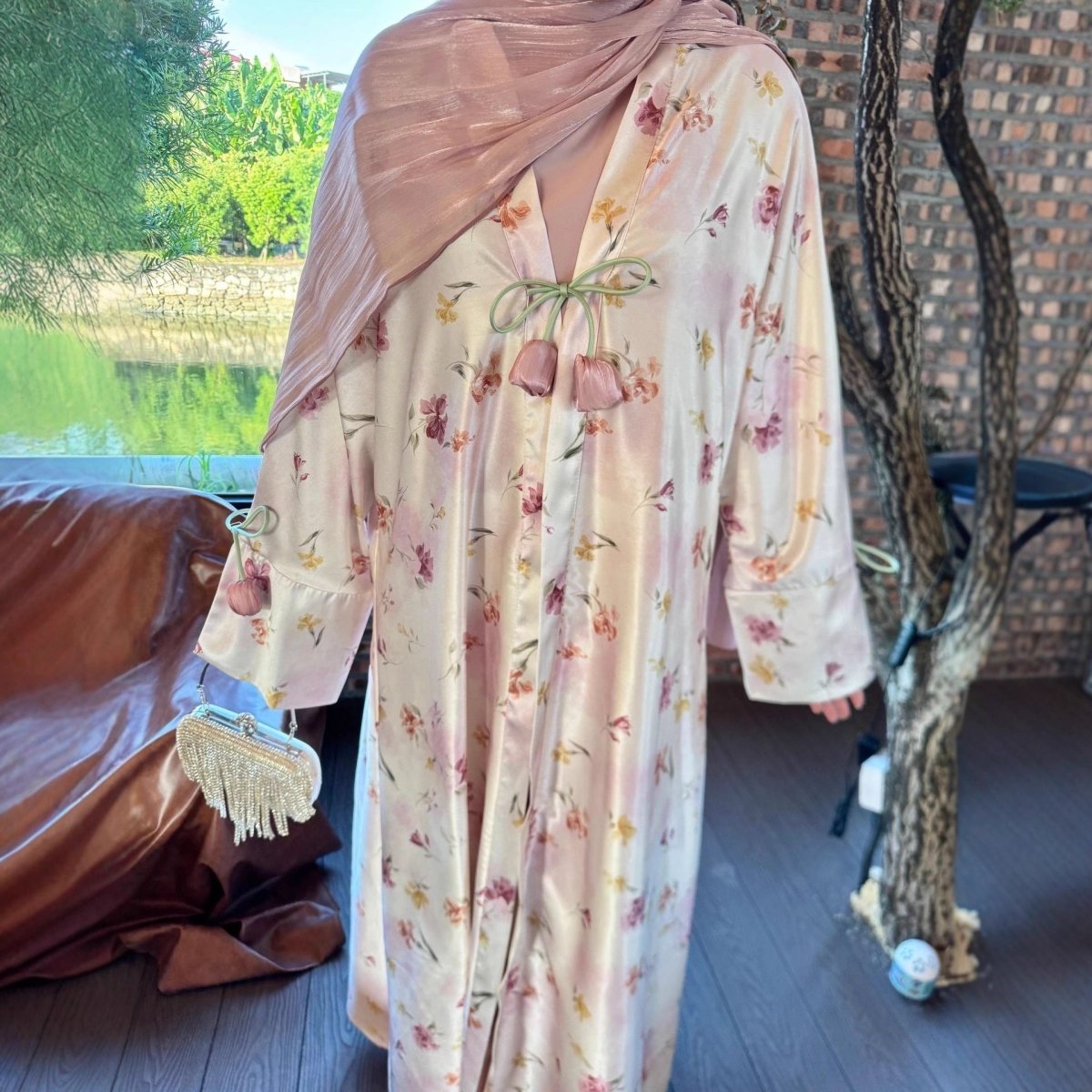 Tulip Print Satin Abaya Set with Jacket | Two - Piece Kimono Outfit(MOA270) - Mariam's Collection