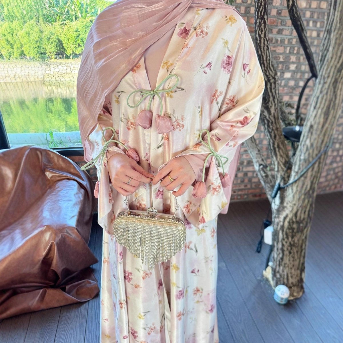 Tulip Print Satin Abaya Set with Jacket | Two - Piece Kimono Outfit(MOA270) - Mariam's Collection