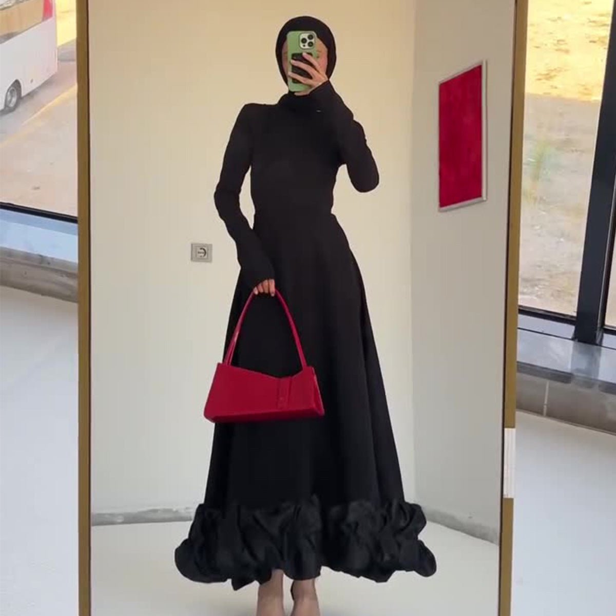 Tulle Ruffle Hem Evening Gown | High Neck Fitted Maxi Dress(MS234) - Mariam's Collection