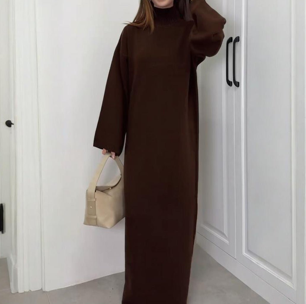 Back view of ribbed turtleneck knit maxi dress in minimalist solid colour