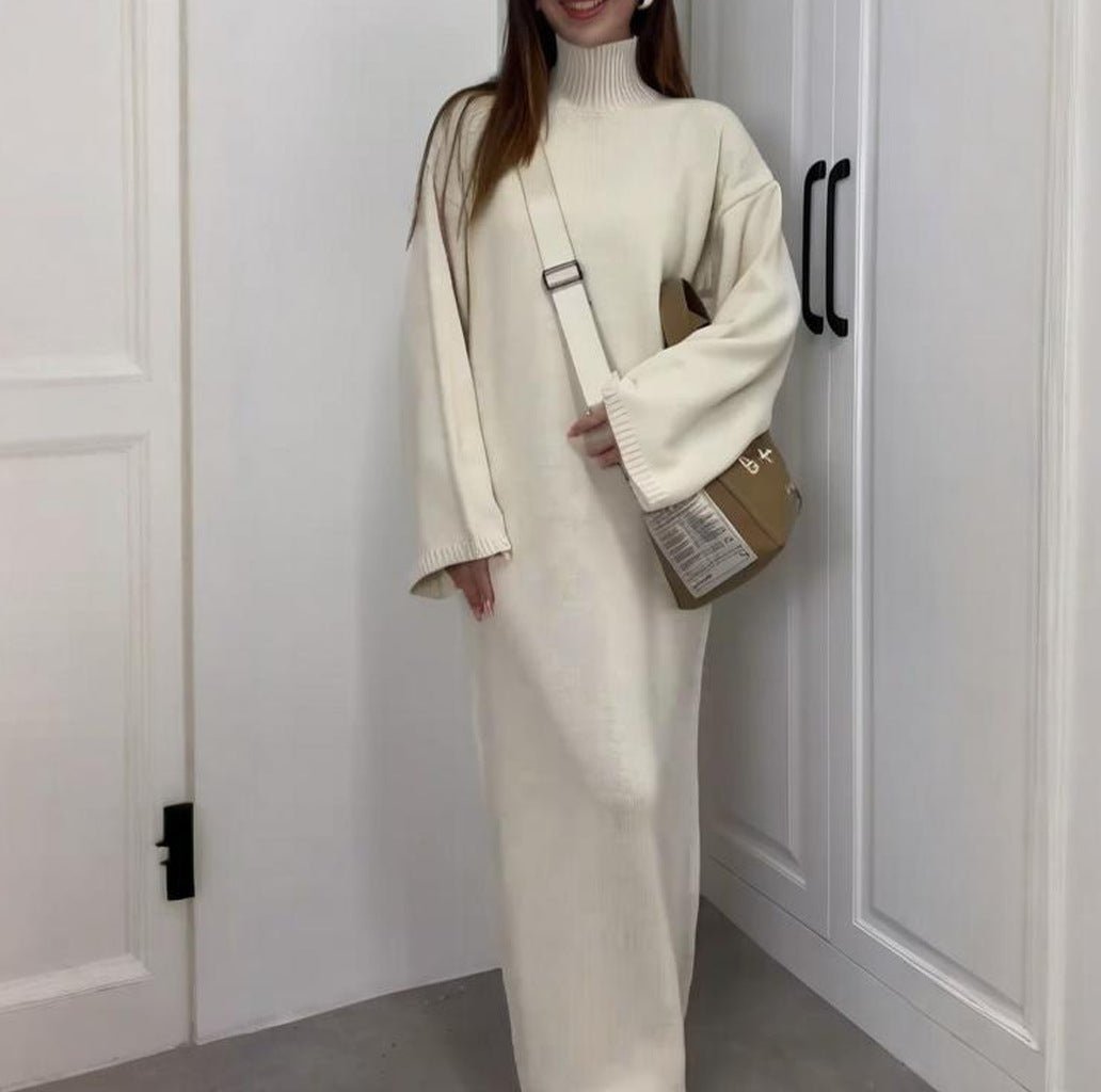 Minimalist solid colour winter modest maxi dress styled with accessories