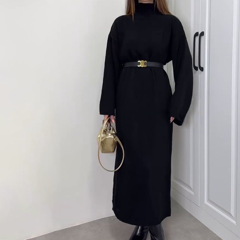 Close-up of ribbed turtleneck and dropped shoulder detail