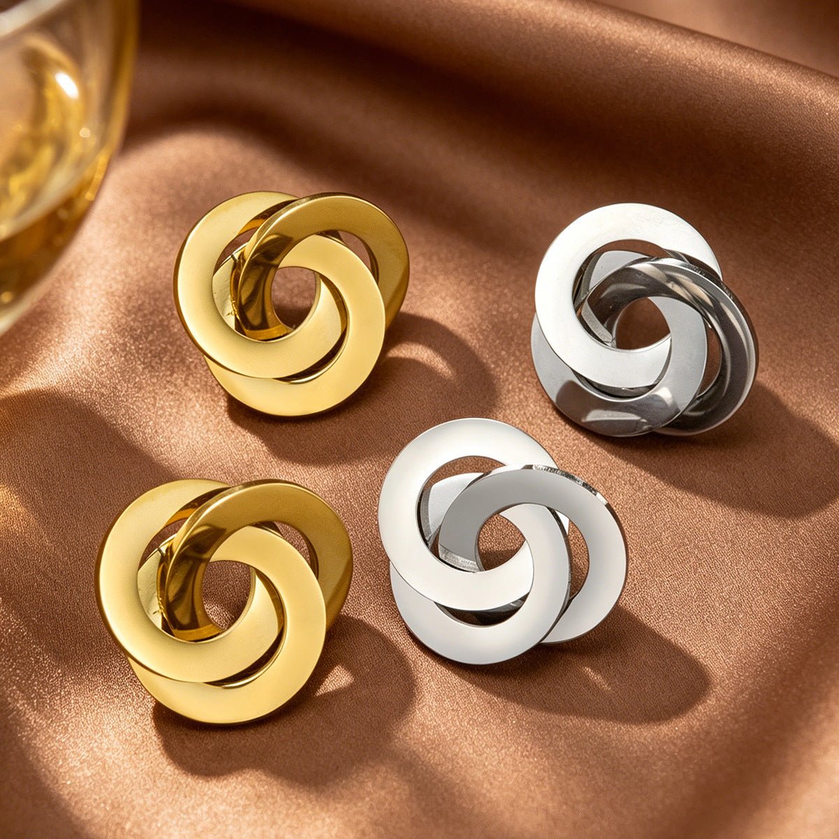 Twisted Triple Hoop Stud Earrings – Geometric Knot Earrings