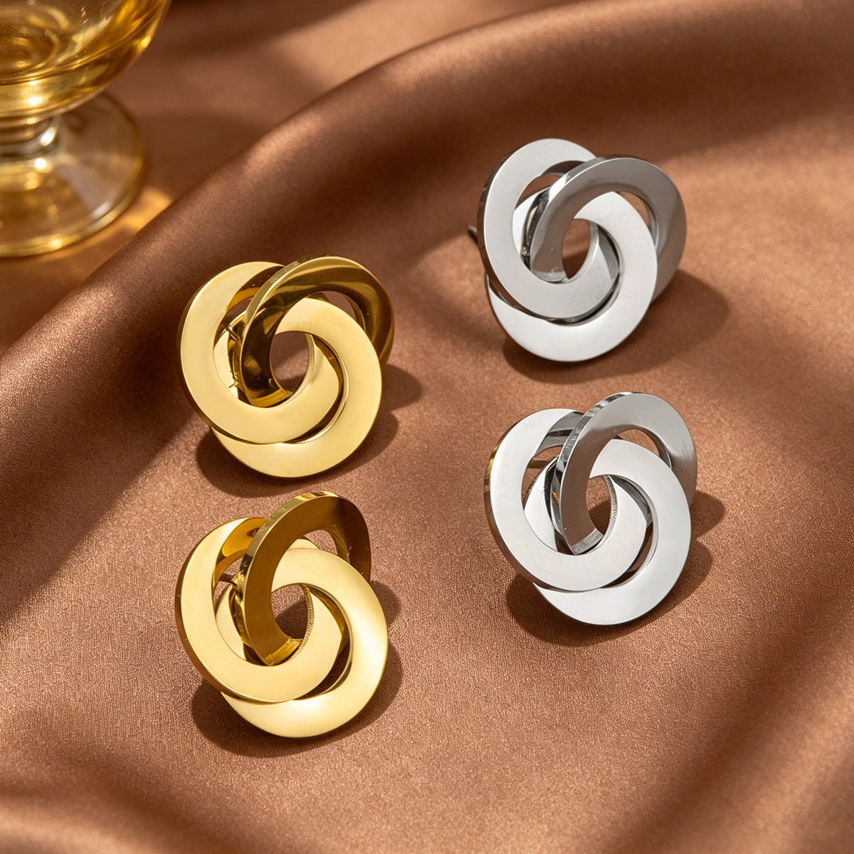 Twisted Triple Hoop Stud Earrings – Geometric Knot Earrings