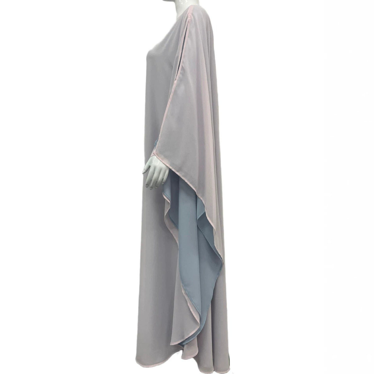Full-length front view of lotus and ice blue two-tone batwing maxi abaya