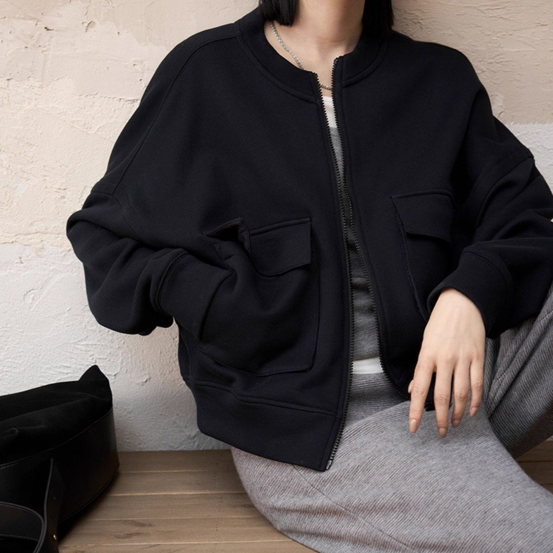 Utility Bomber Jacket | Fleece - Lined Cargo Pocket Jacket(MS245) - Mariam's Collection