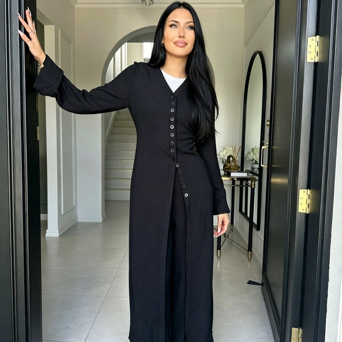 V-Neck Button-Through Longline Cardigan & Wide-Leg Trouser Set(MS470) - Mariam's Collection