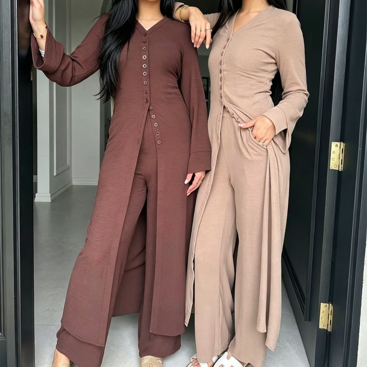 V-Neck Button-Through Longline Cardigan & Wide-Leg Trouser Set(MS470) - Mariam's Collection