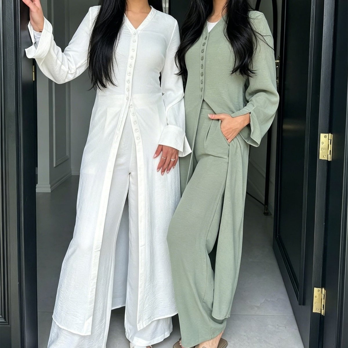 V-Neck Button-Through Longline Cardigan & Wide-Leg Trouser Set(MS470) - Mariam's Collection