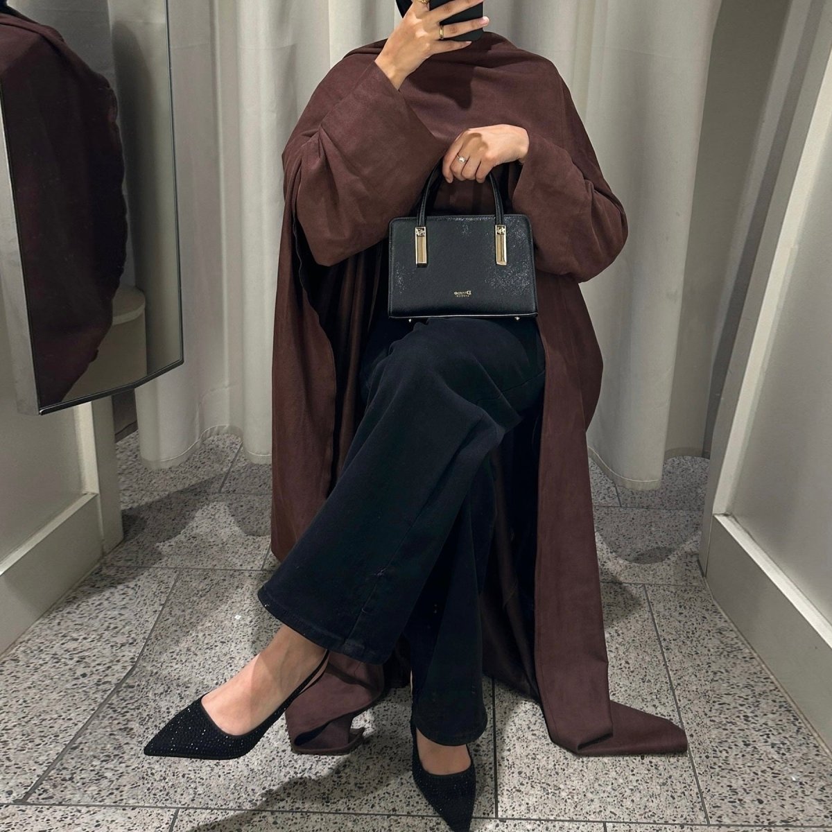 V - Neck Suede - Look Abaya with Attached Cape(MOA247) - Mariam's Collection