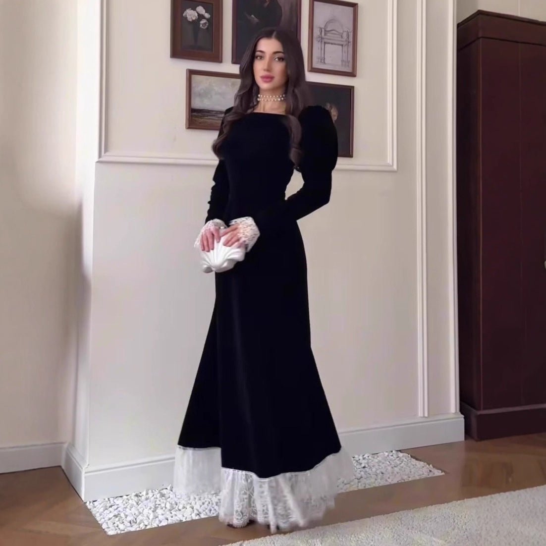Velvet Gown with Lace Trim(MS238) - Mariam's Collection