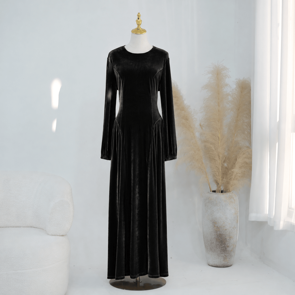 Velvet-Look Fit-and-Flare Maxi Dress(MS562) - Mariam's Collection